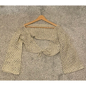 Handmade Crochet Crop Shrug Sweater Womens Large Beige Open Knit Boho Festival